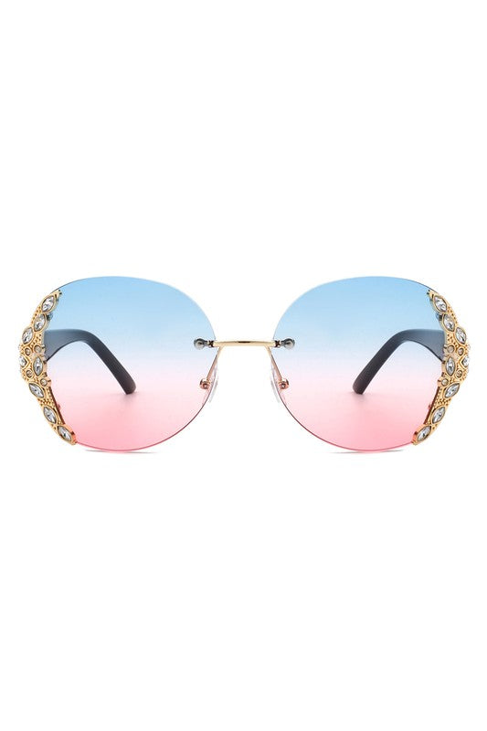 Women Rimless Round Rhinestone Oversize Sunglasses