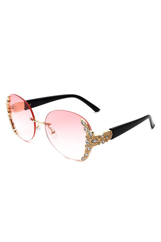 Women Rimless Round Rhinestone Oversize Sunglasses